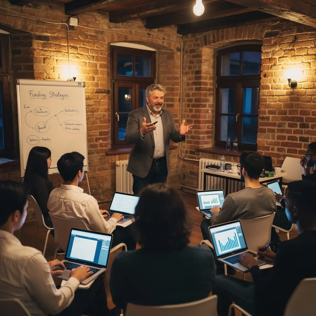 Egy sikeres üzletasszony, aki prezentációt tart egy startup eseményen, lelkes közönség előtt.