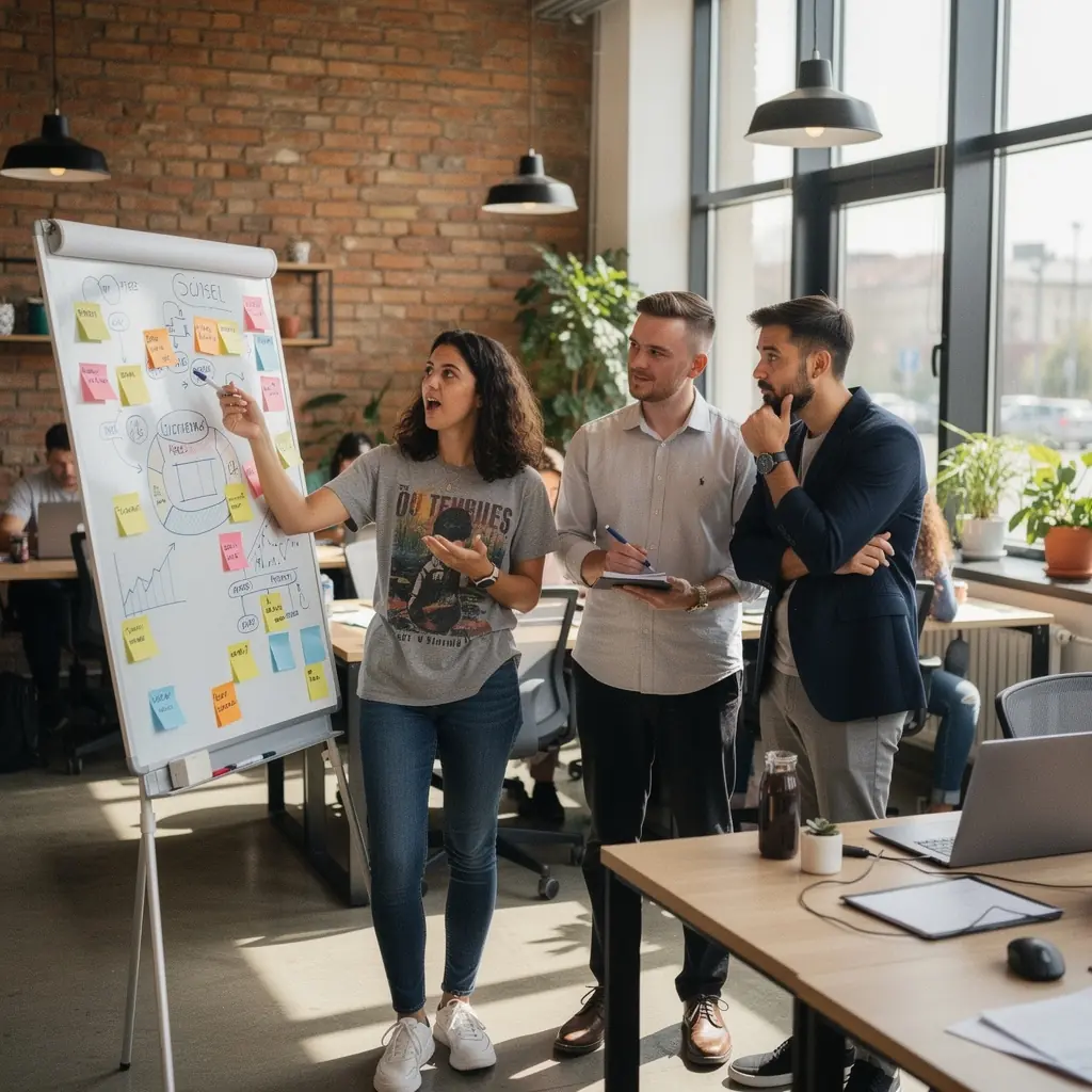 Egy csoport fiatal vállalkozó, akik online képzésen vesznek részt, laptopokkal az asztalon.